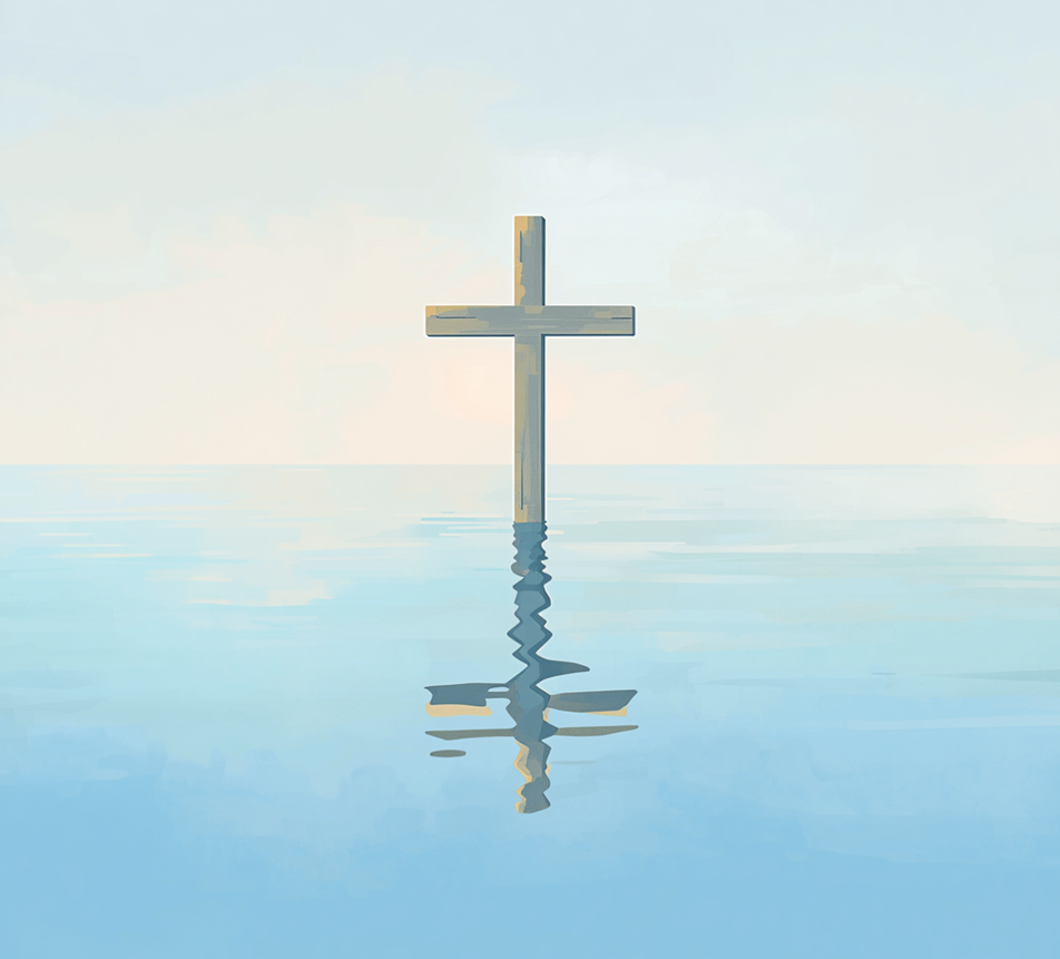 A Christian cross stands in calm blue waters.